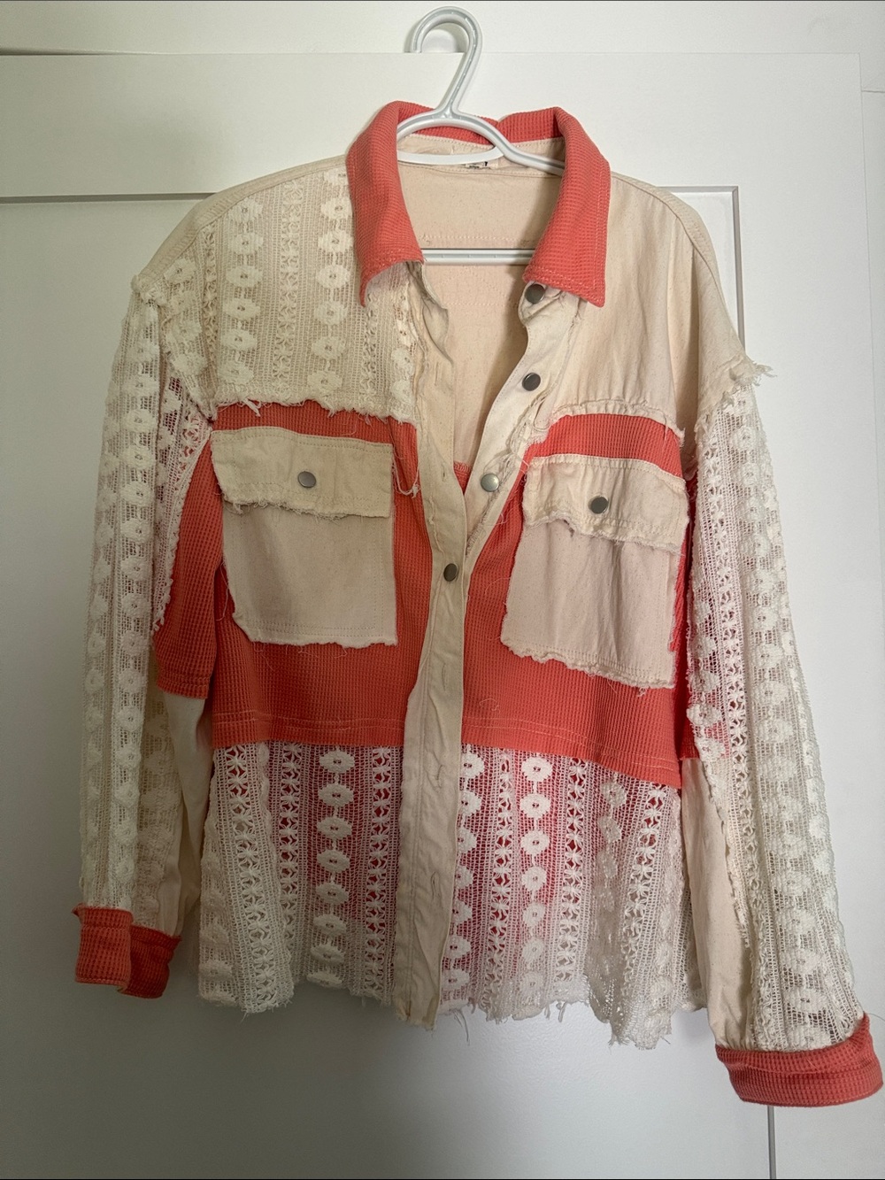 POL Patchwork Lace Utility Jacket in Coral and Cream